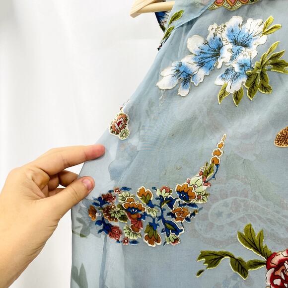 Alice + Olivia Blue Silk Velvet floral cold shoulder blouse - Picture 8 of 8